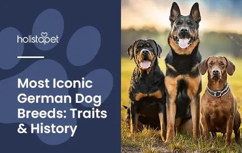 German Dog Breeds featured blog image by Holistapet. Shows a German Shepherd, Rottweiler, and Dachshund