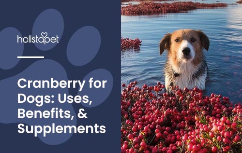 Cranberry for Dogs (Blog image for Holistapet). Image shows a brown and white dog in the water during a cranberry harvesting. The text reads 'Cranberry for Dogs: Benefits, Uses, & Supplements.'